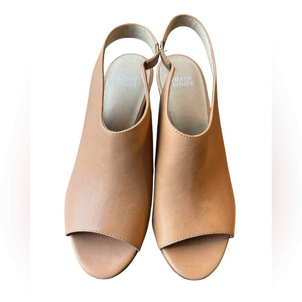 Eileen Fisher Bobbie Slingback Sandals Tan Leather Peep Toe Block Heel Size 8